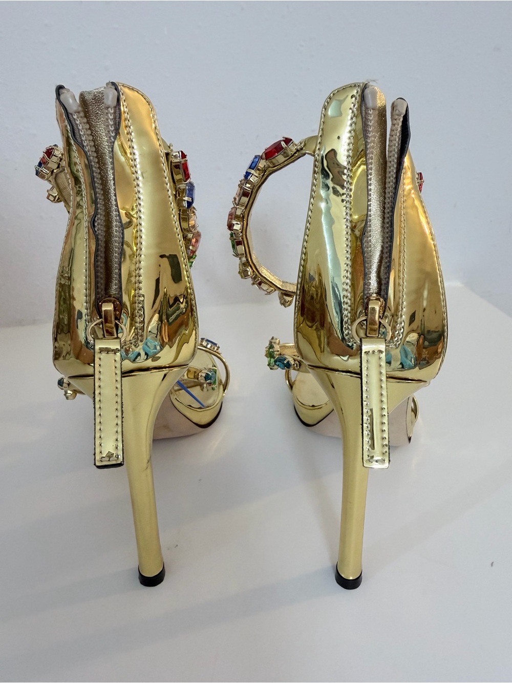 Giuseppe Zanotti Harmony Gold Jeweled Multicolor Crystal-Strap Heels size 37.5 - Picture 9 of 17